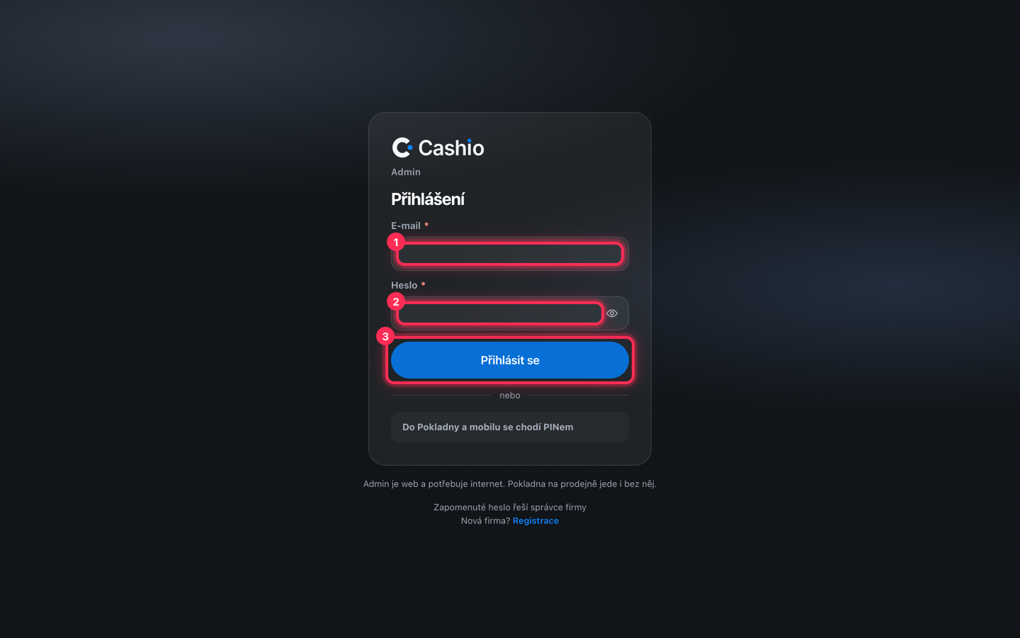 Přihlášení do Adminu: e-mail, heslo, tlačítko Přihlásit se