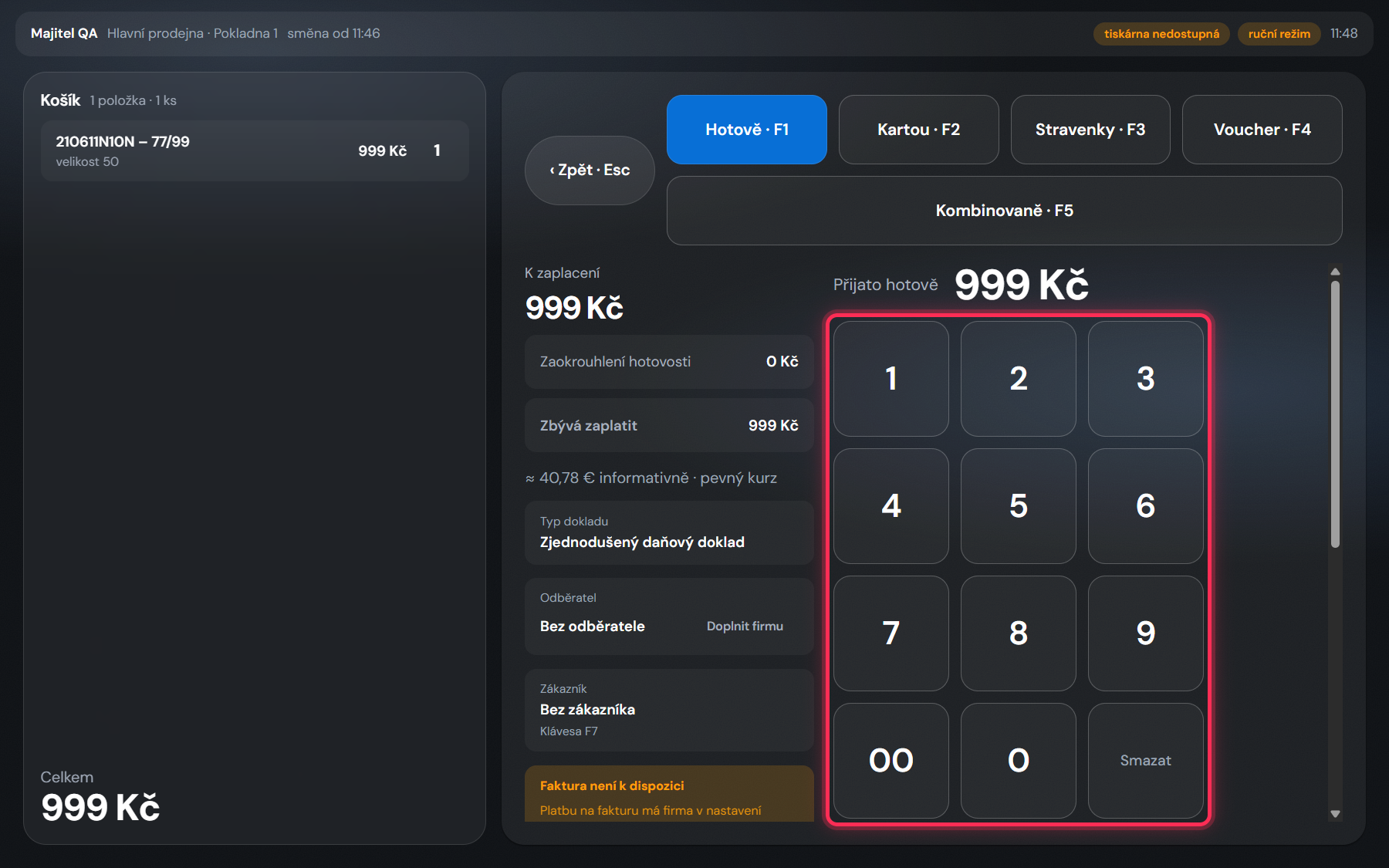 Platba — způsoby úhrady a numerická klávesnice